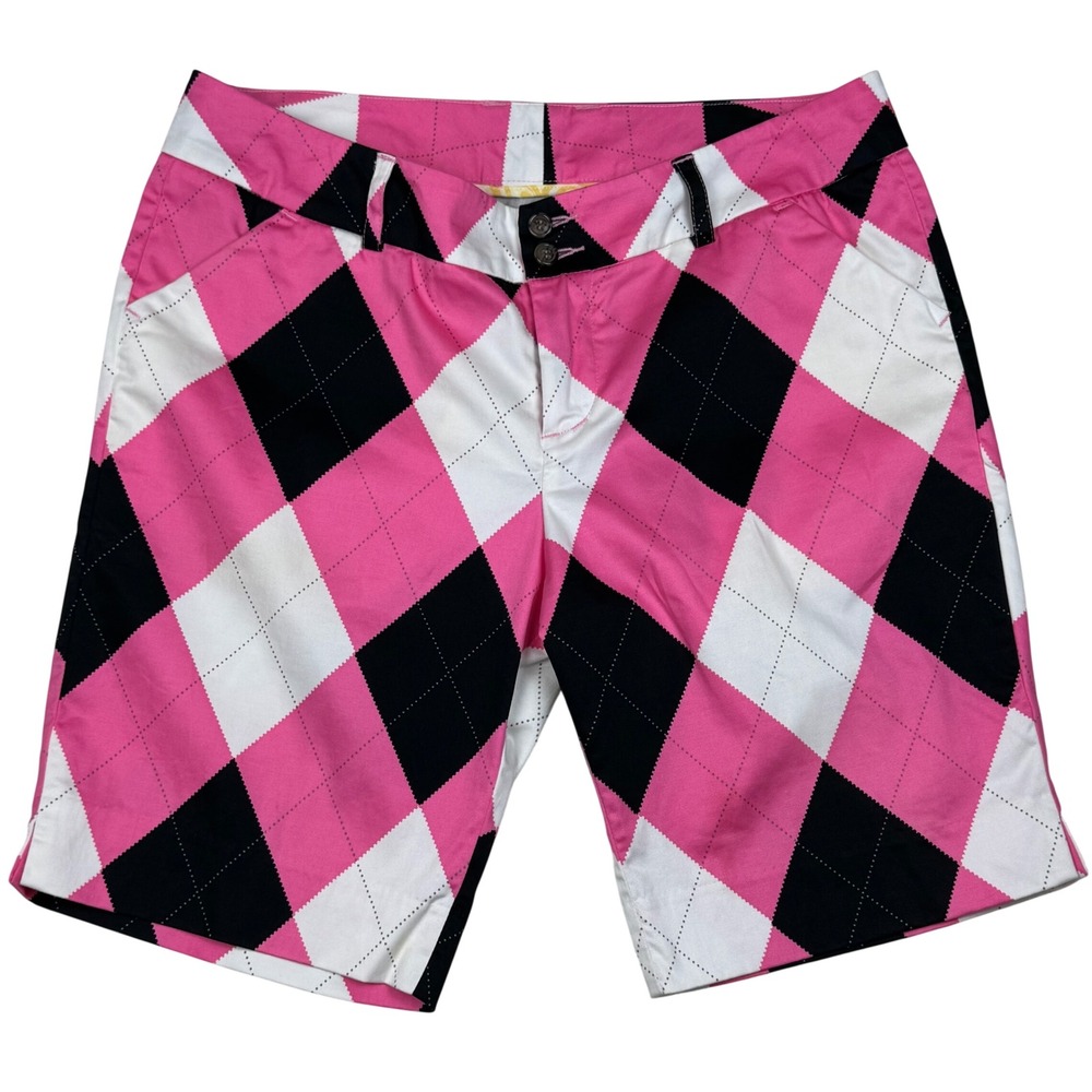 Loudmouth Bermuda Golf Shorts Argyle Preppy Women 12 Pink Black White Y2K Retro